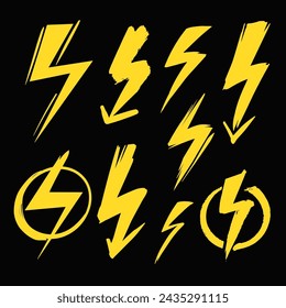 Flash sign, high voltage, set of hand-drawn sketches, vector shapes