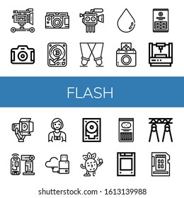 flash simple icons set. Contains such icons as Film camera, Camera, Hard disk, Cinema camera, Spotlight, Blur, Instant Sticks, Laser, can be used for web, mobile and logo