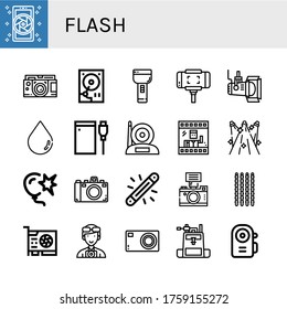 flash simple icons set. Contains such icons as Camera, Hard disk, Flashlight, Selfie stick, Spotlight, Blur, Hard drive, Photo, Spotlights, can be used for web, mobile and logo