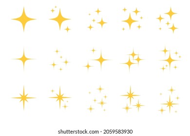 Flash sparkle flat star icon set. Twinkle star silhouette for gold sparkle, yellow glitter light, magic shiny flare effect. Isolated vector illustration.