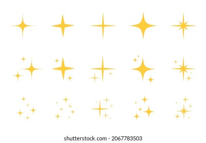 Flash sparkle flat star icon set. Twinkle star silhouette for gold sparkle, yellow glitter light, magic shiny flare effect. Isolated vector illustration.