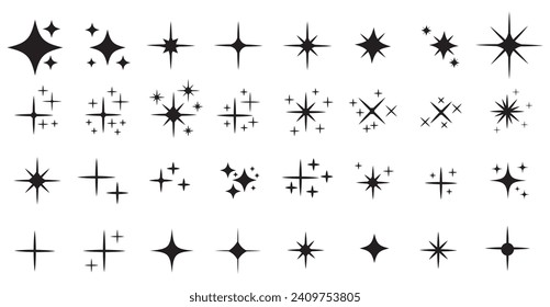 Flash sparkle flat star icon set. Twinkle star silhouette for gold sparkle, black glitter light, magic shiny flare effect. Isolated vector illustration. EPS 10