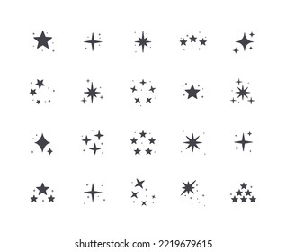 Flash sparkle icons set. Collection of graphic elements for website and apps. Fireworks and explosion. Magic, fantasy and witchcraft. Cartoon flat vector illustrations isolated on white background