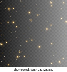 A flash of sparkles. Golden glow. Sequins png. Christmas light. Vector image.