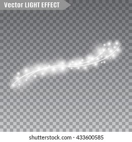 Flash, sparkles on transparent background. Glowing spots and lines. Flare. Light effects. Vector illustration.
