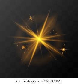 Flash, star burst and sparkles on transparent background. golden glowing effect with light rays. Vector illustration.