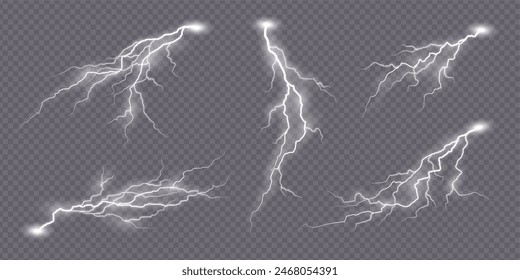 Efecto relámpago de golpe de destello, chispa eléctrica de tormenta de trueno, Vector realista. Recargo eléctrico de rayos de energía de luz de trueno o destellos de rayo en fondo transparente