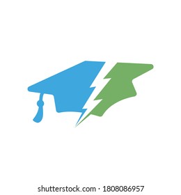 Flash student vector logo template. Education logo with graduation cap and thunder icon.