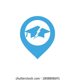 Flash student vector logo template. Graduation cap with thunder and pin pointer icon.