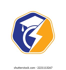 Flash student vector logo template. Education logo with graduation cap and thunder icon.