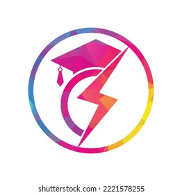 Flash student vector logo template. Education logo with graduation cap and thunder icon.