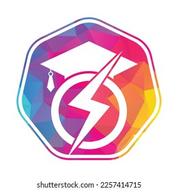 Flash student vector logo template. Education logo with graduation cap and thunder icon.