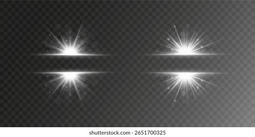 Flash of sun and magic spark in glowing abstract ray with glittering effect dust beam sunshine illustration light background white lamp vector illuminated burst glare

