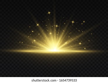 Flash of sun with rays and spotlight. The star burst with brilliance. Yellow glowing lights sun rays. Special lights effect isolated on transparent background.