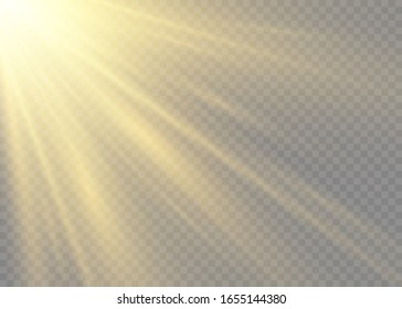 A flash of sun with rays and spotlight. The star burst with brilliance. Yellow glowing lights sun rays. Special lights effect isolated on transparent background. Vector illustration, EPS 10.