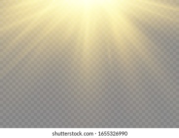 A flash of sun with rays and spotlight. The star burst with brilliance. Yellow glowing lights sun rays. Special lights effect isolated on transparent background. Vector illustration, EPS 10.
