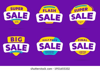 Flash, super, final, half price and big sale sticker set. Special offer up to 50 percent off discount, only week limited time commerce promotion badge vector illustration isolated on purple background
