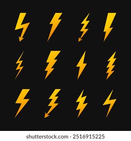 Flash symbol yellow lightning bolt icons isolated on black background.