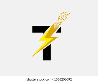 Flash T Letter Logo Icon, Electrical Bolt With Circuit Line Shape and Initial T Letter Logo Design.
