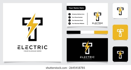Flash T Letter Logo Icon, Electrical Bolt With Initial T Letter Logo Design with business card design