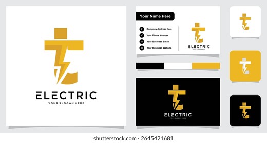 Flash T Letter Logo Icon, Electrical Bolt With Initial T Letter Logo Design with business card design