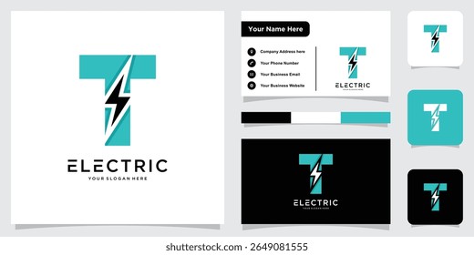 Flash T Letter Logo Icon, Electrical Bolt With Initial T Letter Logo Design with business card design