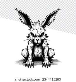 Flash Tattoo Delight: Zombie Rabbit Outline Design in Black and White Hand-Drawn Illustration, Perfect for Coloring Pages and Doodle Art on Transparent Background