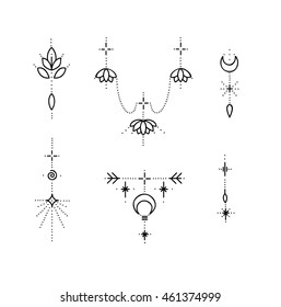 Flash Tattoo illustration isolated on white background. Black vector lines hand drawn tribal collection with lotus, crescent,decorative elements, geometric symbols in ethnic style. 