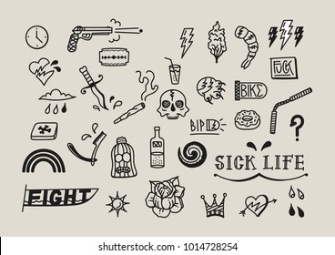 Flash tattoo miscellaneous black and white sick life