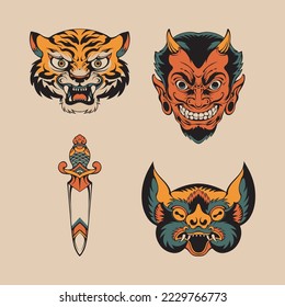 flash tattoo oldschool vector set 