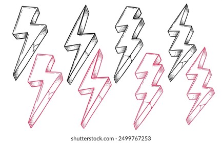 flash thunder lightning bolt hand drawn element set vector illustration