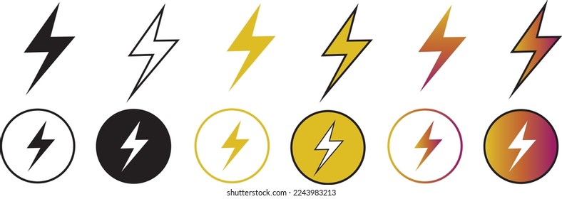 Blitz Donunder Power Icon, Blitz Symbol mit Donner-Blitz. Symbol für elektrische Energie . Symbol für den Energieverbrauch in voller, dünner, Linie, Umriss- und Strichform für Apps und Websites