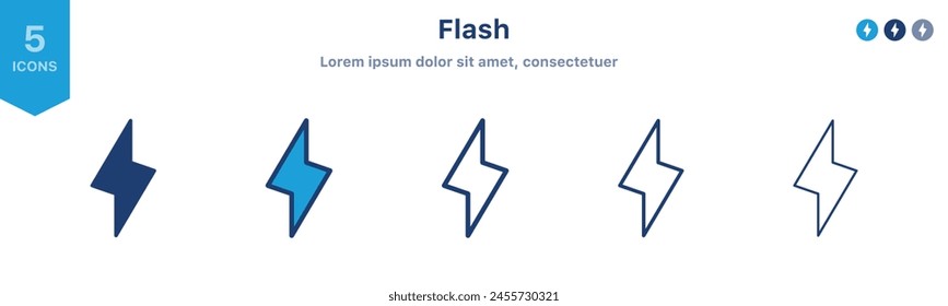 flash thunder power icon, flash lightning bolt icon with thunder bolt - Electric power icon symbol - Power energy icon sign in filled, thin, line, outline and stroke style for apps and website	
