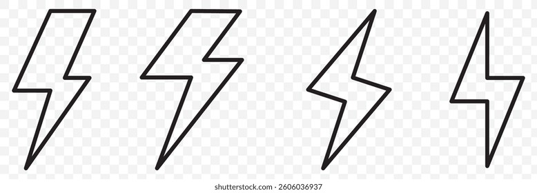 Flash thunder power icon set, flash lightning bolt icon with thunder bolt - Electric power icon symbol on Transparent Background. Lightning icon set. Line and glyph flash sign. Outline thunder EPS 10.