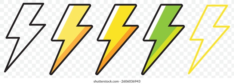 Flash thunder power icon set, flash lightning bolt icon with thunder bolt - Electric power icon symbol on Transparent Background. Lightning icon set. Line and glyph flash sign. Outline thunder EPS 10.