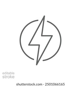 Flash thunder power icon. Simple outline style. Lightning in a circle, bolt, power, thunderbolt, electric, energy, technology concept. Thin line symbol. Vector illustration isolated. Editable stroke.