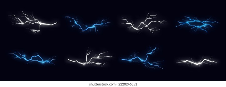 Flash thunderbolt elements. Light charge, thunder hit blue and white colors. Electrical power, energy bright effects. Lightning racy vector collection