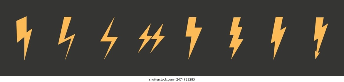 Flash thunderbolt lighting symbol set of eight icons in yellow color on black background. Different flash icon symbol collection. Electric power symbol. Energy sign, vector illustration. charge sign.