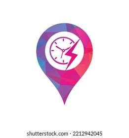 Flash time map pin shape concept vector logo design. Thunder time logo icon vector.