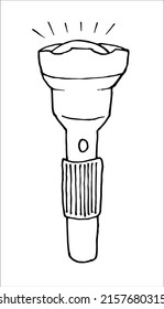 Flash. A tourist's flashlight. Black and white vector doodle illustration, hand-drawn. Isolated object on a white background. Clipart, template, sketch.
