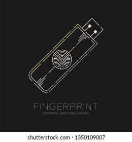 Flash or usb drive shape Fingerprint pattern logo dash line, Gadget concept design illustration gold and silver isolated on black background with Fingerprint text and space, vector