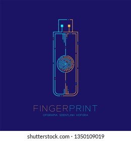 Flash or usb drive shape Fingerprint pattern logo dash line, Gadget concept, Editable stroke illustration blue and orange isolated on dark blue background with Fingerprint text and space, vector
