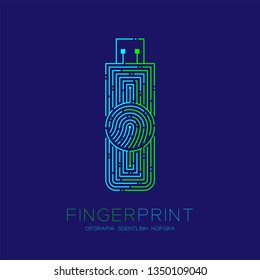 Flash or usb drive shape Fingerprint pattern logo dash line, Gadget concept design, Editable stroke illustration blue and green isolated on dark blue background with Fingerprint text and space, vector