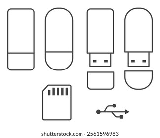 Flash usb memory card outline icon set