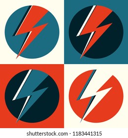 Flash vector. Lightning pop art illustration. Flat flash in circle for logo, poster, postcard, clothing print, flyer. Retro sign with isolated thunderbolt in pop art style. Red, blue and white logo.