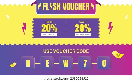 Flash Voucher Vector illustration for online shopping, special Offer coupons, vouchers, banner templates, websites, and social media advertising.