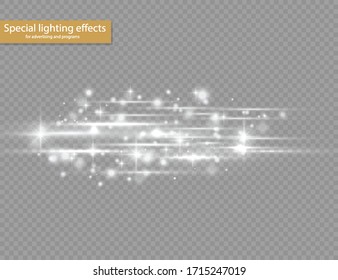Flash white horizontal lens flares pack, laser beams, horizontal light rays, beautiful light flare, glow white line on transparent background, bright gold glare, vector illustration, eps 10. 