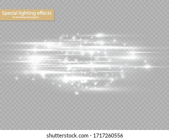 Flash white horizontal lens flares pack, laser beams, horizontal light rays, beautiful light flare, glow white line on transparent background, bright gold glare, vector illustration, eps 10. 