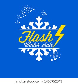 Flash Winter Sale Yellow And White Emblem On Blue Background, Template. Winter Discount. Vector Illustration.