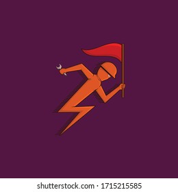 Ilustración de trabajo flash. Un hombre con bandera y kit de trabajo corre para hacer el servicio de mantenimiento. Logo de Flashman.